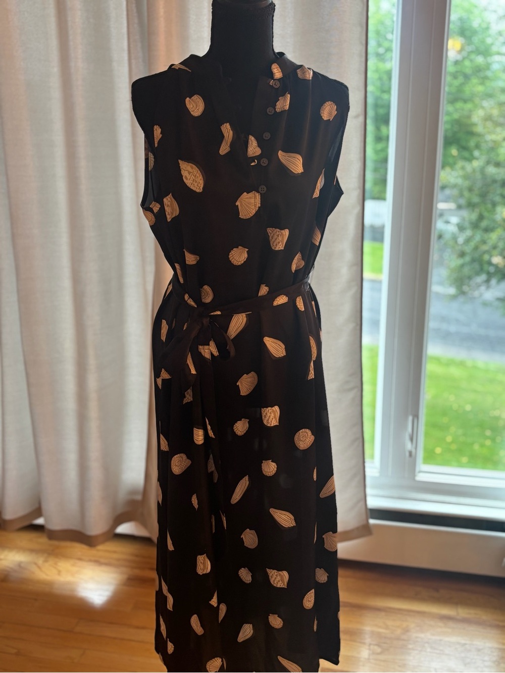 Ann Taylor Black Midi Dress with Cream Shell Print